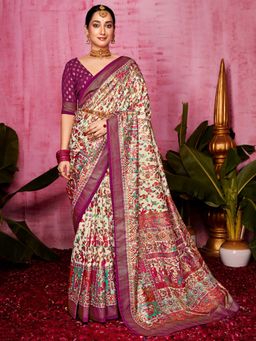 Akhilam - Women's Tussar Silk Cream Printed Designer Saree with Unstitched Blouse