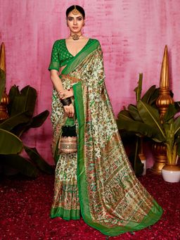 Akhilam - Women's Tussar Silk Cream Printed Designer Saree with Unstitched Blouse