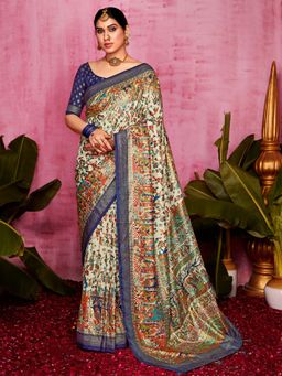 Akhilam - Women's Tussar Silk Cream Printed Designer Saree with Unstitched Blouse