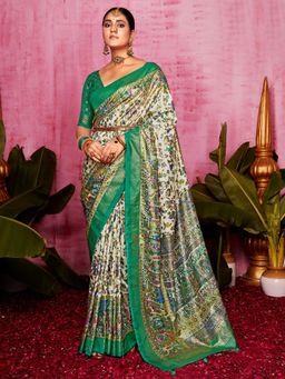 Akhilam - Women's Tussar Silk Cream Printed Designer Saree with Unstitched Blouse