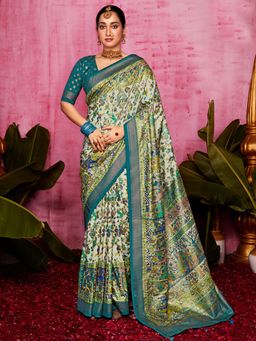 Akhilam - Women's Tussar Silk Cream Printed Designer Saree with Unstitched Blouse