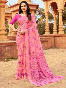 Akhilam - Women's Chiffon Pink Printed Designer Saree with Unstitched Blouse