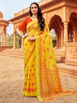 Akhilam - Women's Chiffon Yellow Printed Designer Saree with Unstitched Blouse