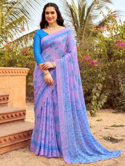 Akhilam - Women's Chiffon Lavender Printed Designer Saree with Unstitched Blouse