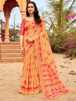 Akhilam - Women's Chiffon Orange Printed Designer Saree with Unstitched Blouse