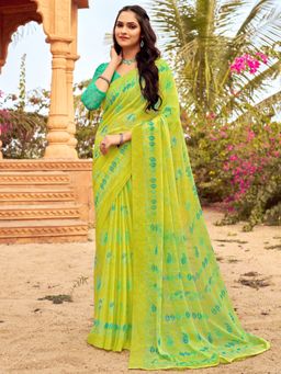 Akhilam - Women's Chiffon Light Green Printed Designer Saree with Unstitched Blouse