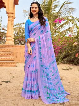 Akhilam - Women's Chiffon Lavender Printed Designer Saree with Unstitched Blouse