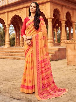 Akhilam - Women's Chiffon Orange Printed Designer Saree with Unstitched Blouse