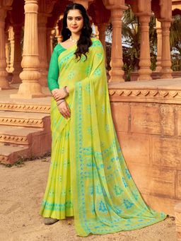 Akhilam - Women's Chiffon Light Green Printed Designer Saree with Unstitched Blouse