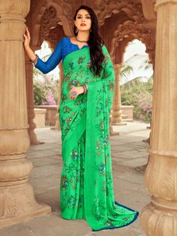 Akhilam - Women's Chiffon Light Green Floral Designer Saree with Unstitched Blouse