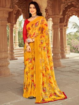 Akhilam - Women's Chiffon Mustard Floral Designer Saree with Unstitched Blouse