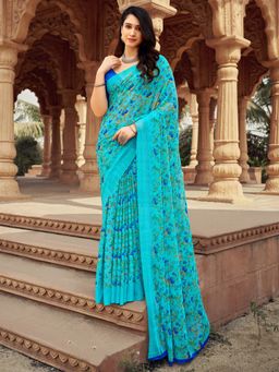Akhilam - Women's Chiffon Light Blue Floral Designer Saree with Unstitched Blouse