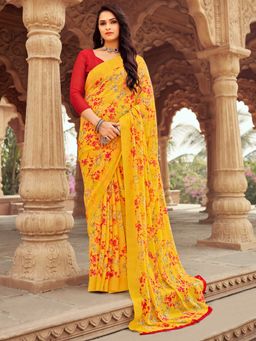 Akhilam - Women's Chiffon Yellow Floral Designer Saree with Unstitched Blouse