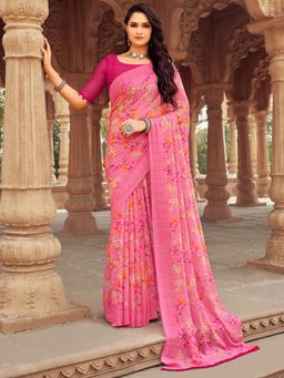 Akhilam - Women's Chiffon Pink Floral Designer Saree with Unstitched Blouse