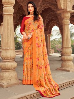 Akhilam - Women's Chiffon Orange Floral Designer Saree with Unstitched Blouse