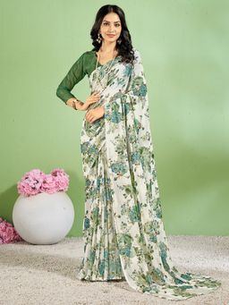 Akhilam - Women's Chiffon White Floral Designer Saree with Unstitched Blouse