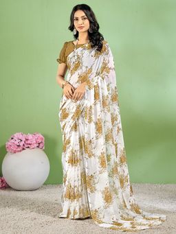Akhilam - Women's Chiffon White Floral Designer Saree with Unstitched Blouse