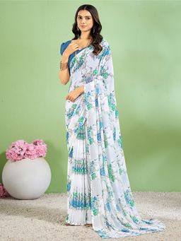 Akhilam - Women's Chiffon White Floral Designer Saree with Unstitched Blouse