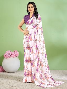 Akhilam - Women's Chiffon White Floral Designer Saree with Unstitched Blouse