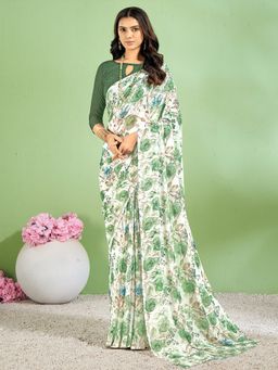 Akhilam - Women's Chiffon White Floral Designer Saree with Unstitched Blouse