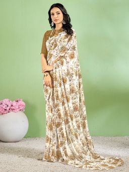 Akhilam - Women's Chiffon White Floral Designer Saree with Unstitched Blouse