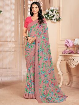 Akhilam - Women's Chiffon Rose Gold Floral Designer Saree with Unstitched Blouse