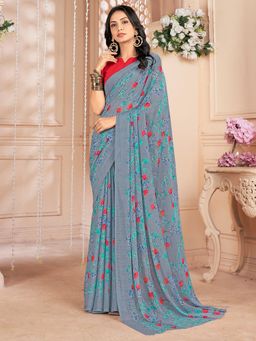 Akhilam - Women's Chiffon Grey Floral Designer Saree with Unstitched Blouse