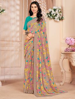 Akhilam - Women's Chiffon Beige Floral Designer Saree with Unstitched Blouse