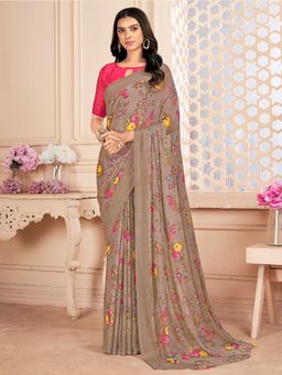 Akhilam - Women's Chiffon Brown Floral Designer Saree with Unstitched Blouse