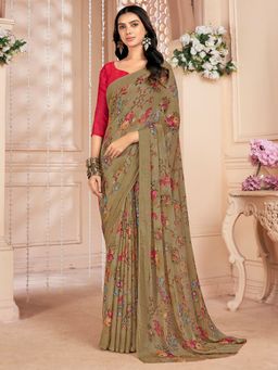 Akhilam - Women's Chiffon Olive Floral Designer Saree with Unstitched Blouse