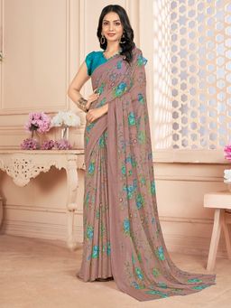 Akhilam - Women's Chiffon Mauve Floral Designer Saree with Unstitched Blouse