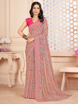 Akhilam - Women's Chiffon Rose Gold Floral Designer Saree with Unstitched Blouse