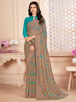 Akhilam - Women's Chiffon Brown Floral Designer Saree with Unstitched Blouse