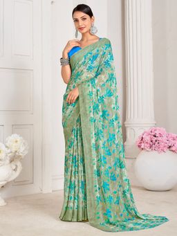 Akhilam - Women's Chiffon Sea Green Floral Designer Saree with Unstitched Blouse