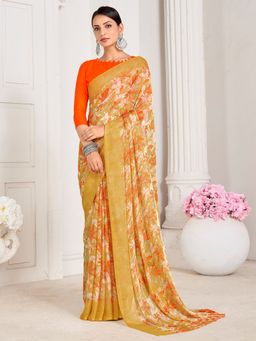 Akhilam - Women's Chiffon Yellow Floral Designer Saree with Unstitched Blouse