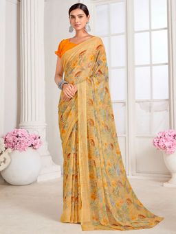 Akhilam - Women's Chiffon Yellow Floral Designer Saree with Unstitched Blouse