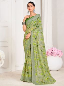 Akhilam - Women's Chiffon Light Green Floral Designer Saree with Unstitched Blouse