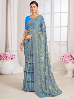 Akhilam - Women's Chiffon Grey Floral Designer Saree with Unstitched Blouse