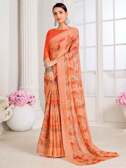 Akhilam - Women's Chiffon Orange Floral Designer Saree with Unstitched Blouse