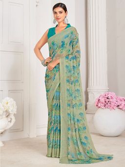 Akhilam - Women's Chiffon Sea Green Floral Designer Saree with Unstitched Blouse