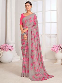 Akhilam - Women's Chiffon Grey Floral Designer Saree with Unstitched Blouse