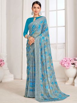 Akhilam - Women's Chiffon Grey Floral Designer Saree with Unstitched Blouse