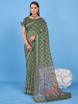 Akhilam - Women's Linen Blend Olive Printed Designer Saree with Unstitched Blouse