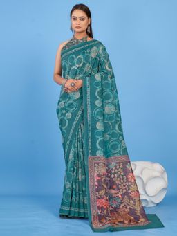 Akhilam - Women's Linen Blend Teal Blue Printed Designer Saree with Unstitched Blouse