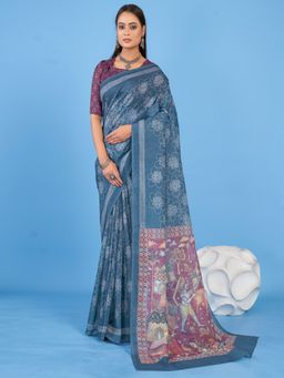 Akhilam - Women's Linen Blend Teal Blue Printed Designer Saree with Unstitched Blouse