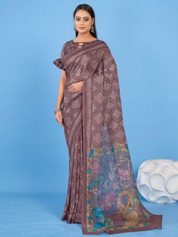 Akhilam - Women's Linen Blend Brown Printed Designer Saree with Unstitched Blouse