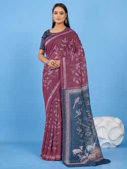 Akhilam - Women's Linen Blend Burgundy Printed Designer Saree with Unstitched Blouse