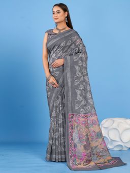 Akhilam - Women's Linen Blend Grey Printed Designer Saree with Unstitched Blouse