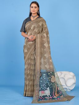 Akhilam - Women's Linen Blend Beige Printed Designer Saree with Unstitched Blouse