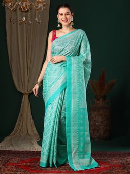 Akhilam - Women's Kota Doria Cotton Blue Printed Designer Saree with Unstitched Blouse
